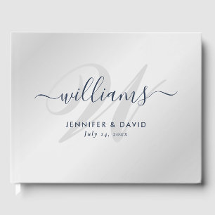 Personalised Silver and Navy Blue Monogram Wedding Guest Book