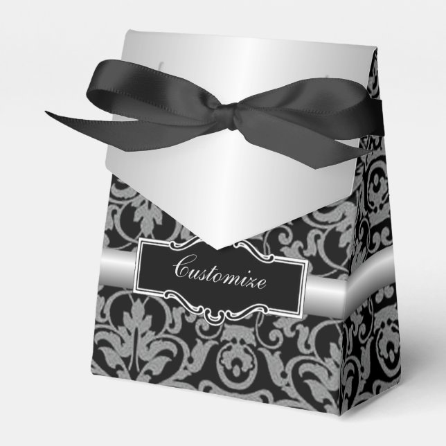 Personalised Silver & Black Damask Tent Favour Box (Front Side)