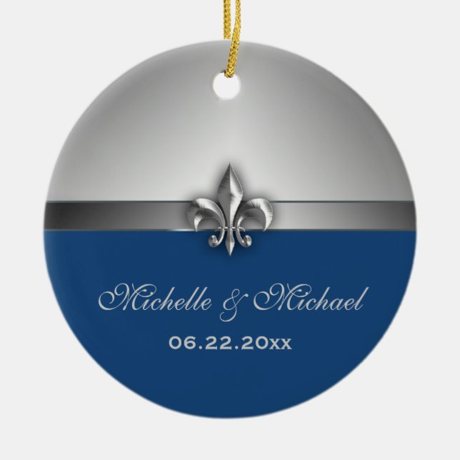 Personalised Silver Blue Fleur de Lis Ceramic Ornament (Front)