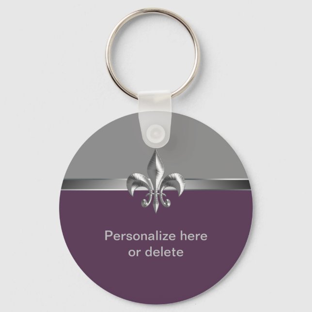 Personalised Silver Eggplant Fleur de Lis Key Ring (Front)