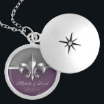 Personalised Silver Fleur de Lis Keepsake Locket Necklace<br><div class="desc">This Personalised Sliver Fleur de Lis Keepsake locket features a beautiful imitation brushed metal Fleur de Lis symbol on a grey and eggplant purple background with room to personalise with your name(s) and your special date.</div>