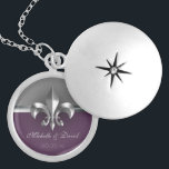 Personalised Silver Fleur de Lis Keepsake Locket Necklace<br><div class="desc">This Personalised Sliver Fleur de Lis Keepsake locket features a beautiful imitation brushed metal Fleur de Lis symbol on a grey and eggplant purple background with room to personalise with your name(s) and your special date.</div>
