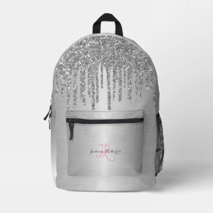Personalised Silver Girly Glitter Drips Metallic Printed Backpack