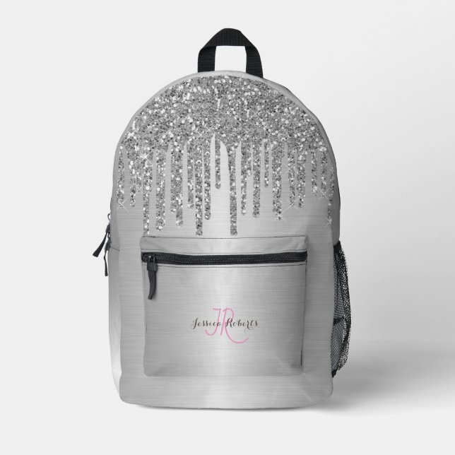 Personalised Silver Girly Glitter Drips Metallic  Printed Backpack (Front)