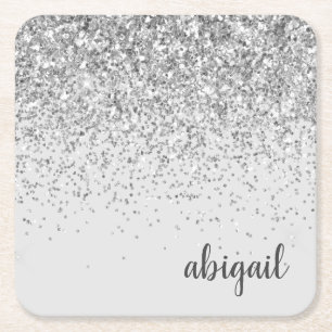 Personalised Silver Girly Glitter Sparkle Modern Square Paper Coaster