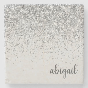 Personalised Silver Girly Glitter Sparkle Modern Stone Coaster