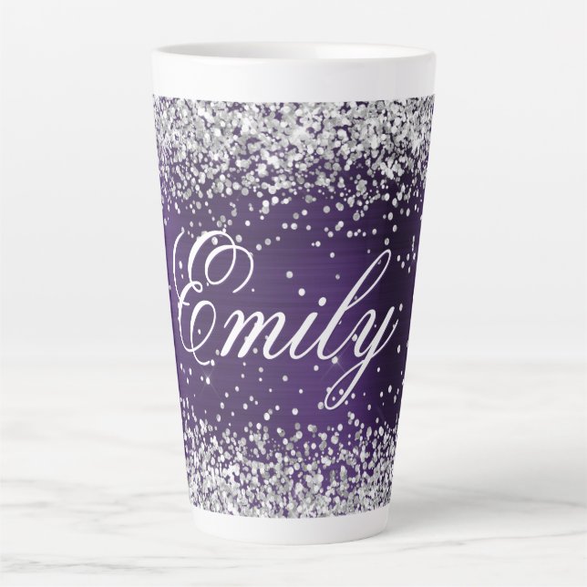 Personalised Silver Glitter Dark Violet Foil Latte Mug (Front)