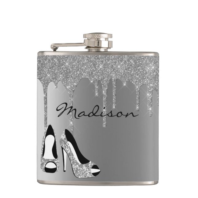 Personalised Silver Glitter Drips Heels Shoes Hip Flask (Front)