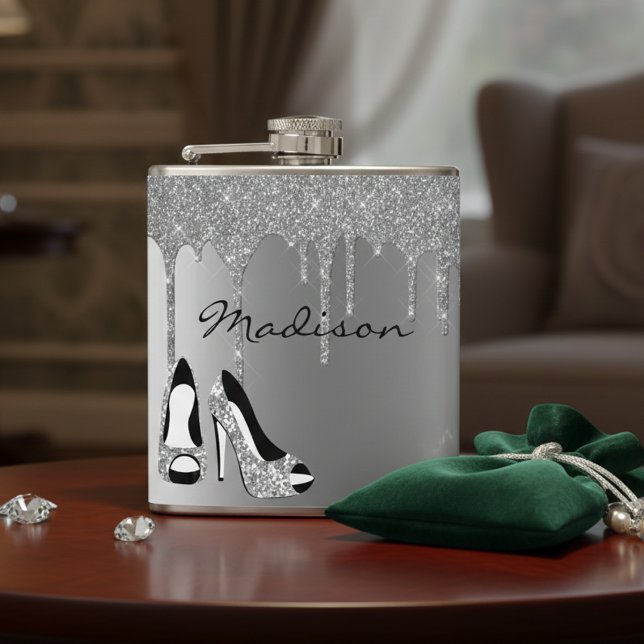 Personalised Silver Glitter Drips Heels Shoes Hip Flask (Creator Uploaded)