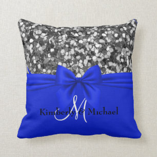 Personalised Silver Glitter Elegant Blue Bow   Cushion