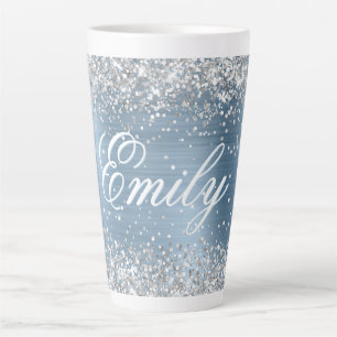 Personalised Silver Glitter Light Blue Foil Latte Mug