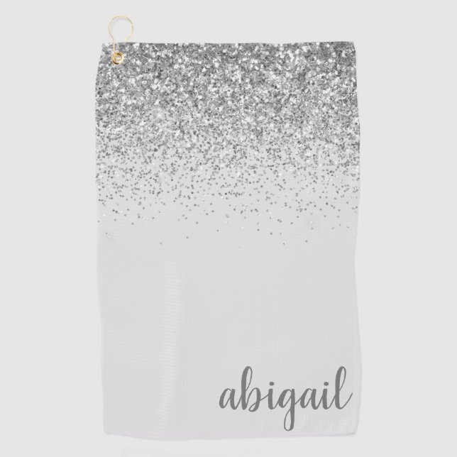 Personalised Silver Glitter Modern Monogram Name Golf Towel (Front)