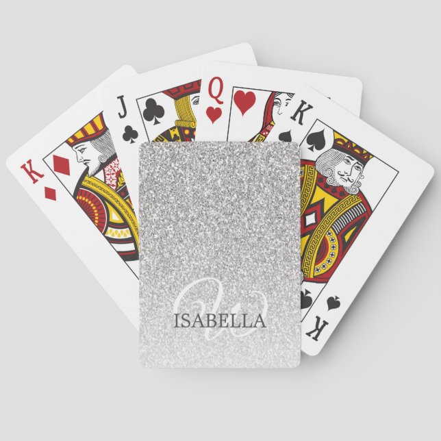 Personalised Silver Glitter Ombre Name Monogram Playing Cards (Back)