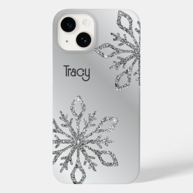 Personalised Silver Glitter Snowflakes on Silver  Case-Mate iPhone Case (Back)