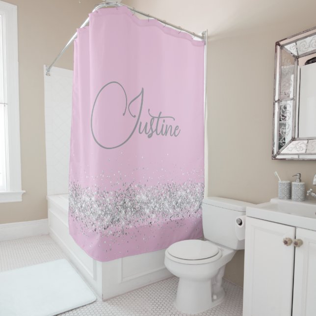 Personalised Silver Glittery  Edging  on Pink Shower Curtain (In Situ)
