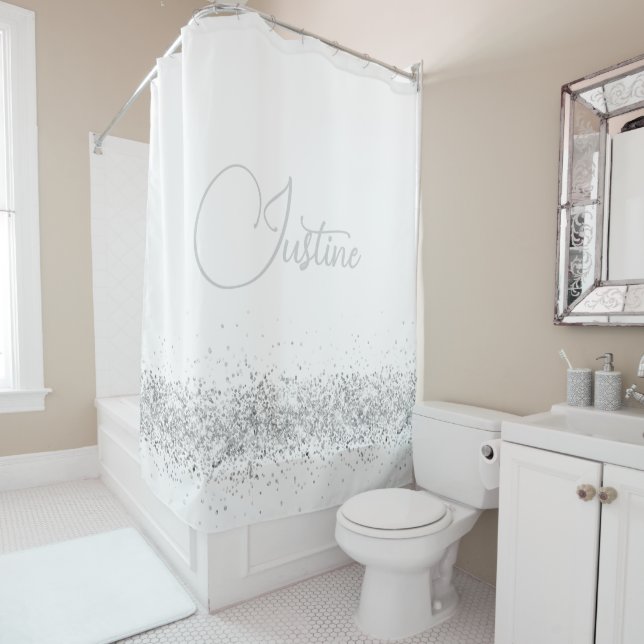 Personalised Silver Glittery  Edging  on White Shower Curtain (In Situ)