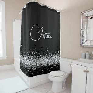 Personalised Silver Glittery Glam Edging on Black Shower Curtain