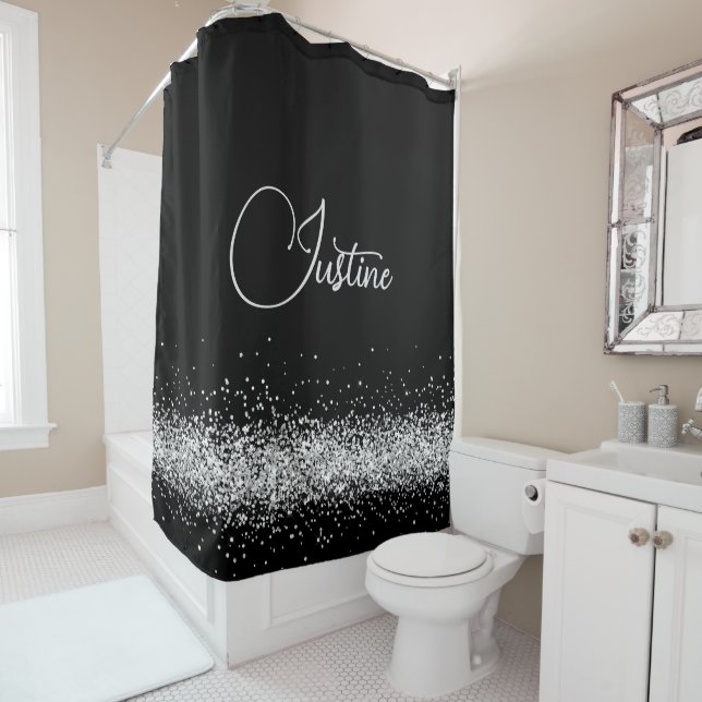 Personalised Silver Glittery Glam Edging on Black Shower Curtain (In Situ)