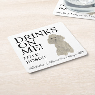 Personalised Silver Grey Poodle Dog Wedding Square Paper Coaster