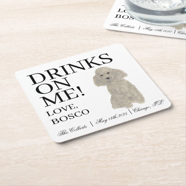 Personalised Silver Grey Poodle Dog Wedding Square Paper Coaster (Angled)
