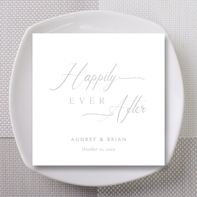 Personalised Silver 'Happily Ever After' Wedding Napkin (Silver on White Happily Ever After Wedding Napkins)