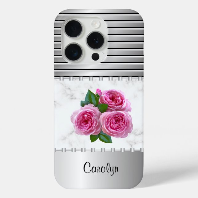 Personalised Silver Metallic, Marble, & Pink Roses Case-Mate iPhone Case (Back)