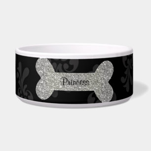 Personalised silver shiny dog bone pet food bowl