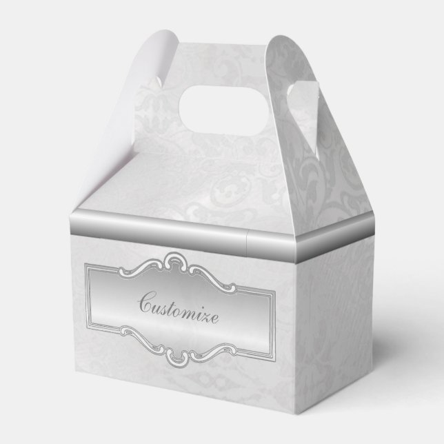 Personalised Silvery White Damask Gable Favour Box (Front Side)