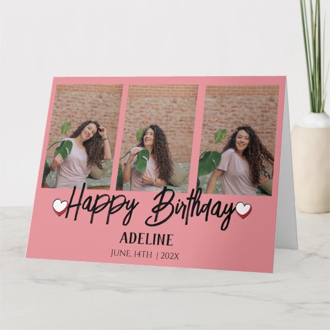 Personalised Simple Birthday Stylish Three Photo Card (Front)