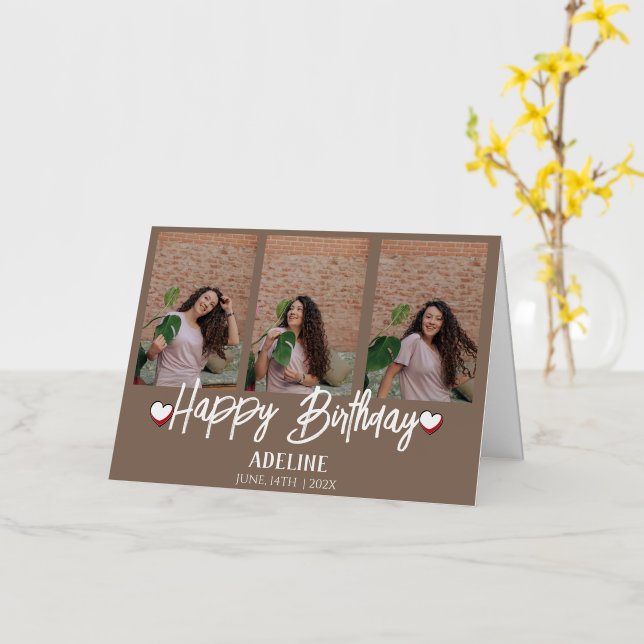 Personalised Simple Birthday Stylish Three Photo Foil Greeting Card (Yellow Flower)
