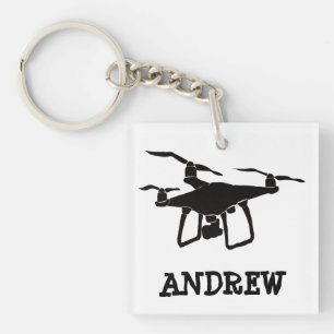 Personalised Simple Black Drone Illustration Key Ring