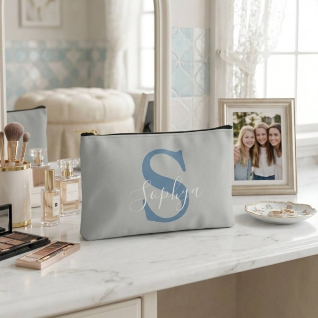Personalised Simple Blue Monogram Accessory Pouch (Creator Uploaded)