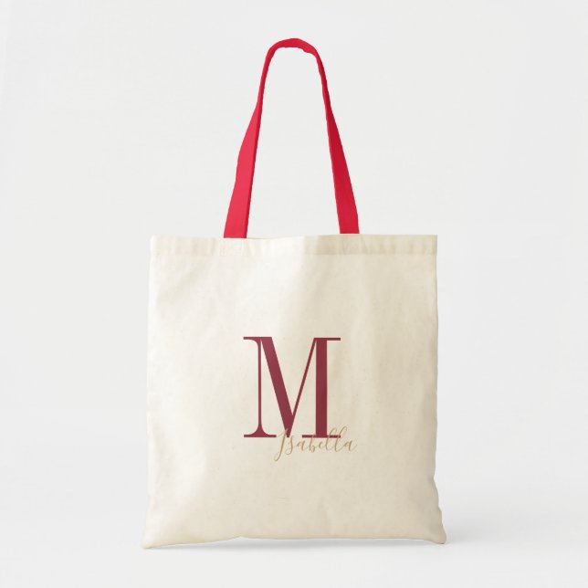 Personalised simple burgundy name and monogram tote bag (Front)