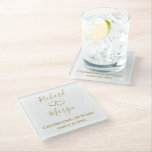 Personalised Simple Elegant 50th Anniversary Gift Glass Coaster<br><div class="desc">Create stylish wedding anniversary coaster by adding the couple's names and wedding or anniversary date to these glass coasters. Two hand drawn hearts give a chic romantic touch. Simple, elegant script saying "Celebrating 50 Years" written in a tan golden colour can be edited to any short text. Two simple hand...</div>