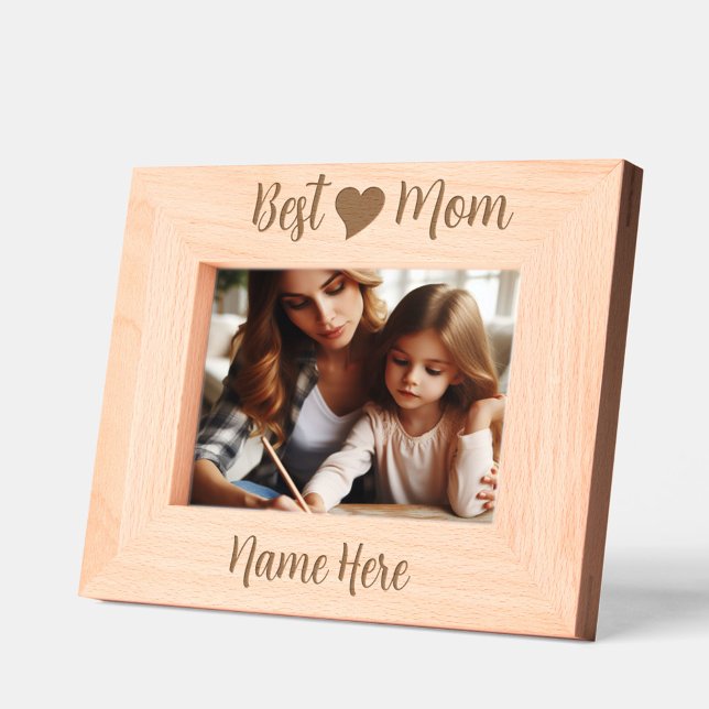 Personalised Simple, Elegant Cute Heart, Best Mum Etched Frames (Personalized Best Mom Engraved Natural Wood Picture Frame)