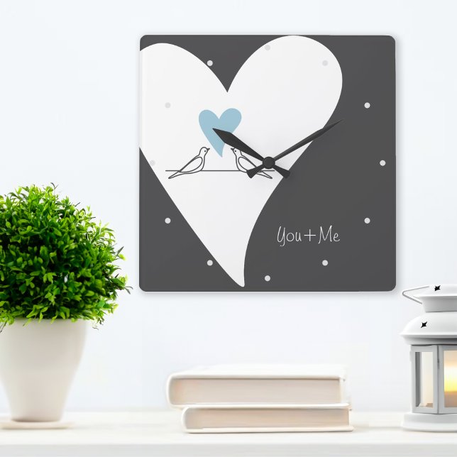 Personalised Simple Love Birds Light Blue Heart Square Wall Clock (Creator Uploaded)