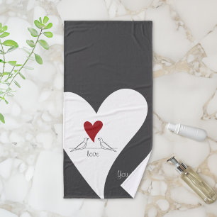 Personalised Simple Modern Birds in Love Red Heart Bath Towel Set