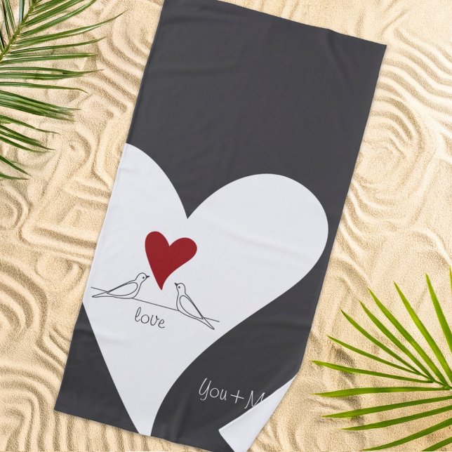 Personalised Simple Modern Birds in Love Red Heart Beach Towel (Creator Uploaded)