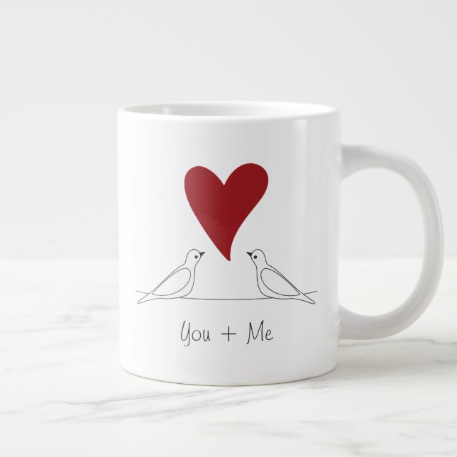 Personalised Simple Modern Birds in Love Red Heart Large Coffee Mug (Right)