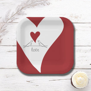 Personalised Simple Modern Birds in Love Red Heart Paper Plate