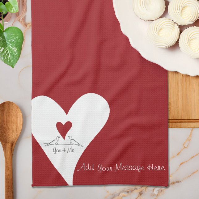 Personalised Simple Modern Birds in Love Red Heart Tea Towel (Creator Uploaded)