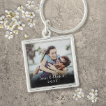 Personalised Simple Modern Elegant Script Photo Key Ring<br><div class="desc">Personalise with your favourite photo featuring your names and the year,  creating a unique memory and gift. A lovely keepsake to treasure!</div>