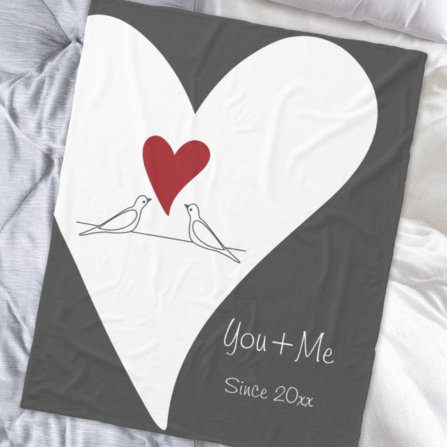 Personalised Simple Modern Love Birds Red Heart Fleece Blanket (Creator Uploaded)