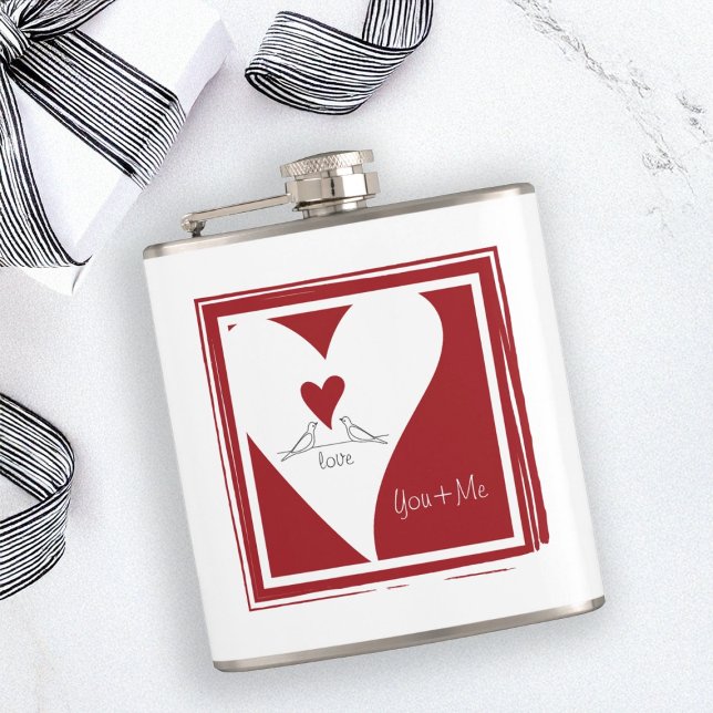 Personalised Simple Modern Love Birds Red Heart Hip Flask (Creator Uploaded)