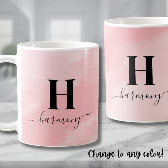 Personalised Simple Modern Pink Monogram Coffee Mug (Pink Elegant Girly Monogram Coffee Mug)