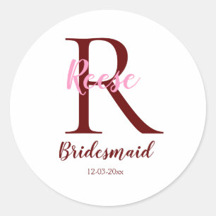 personalised simple monogram name bridesmaid date classic round sticker