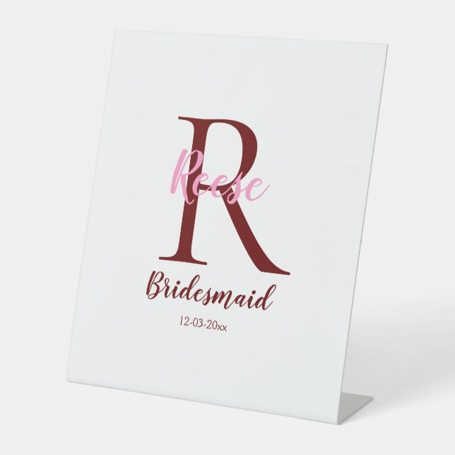 personalised simple monogram name bridesmaid date  pedestal sign (Front)