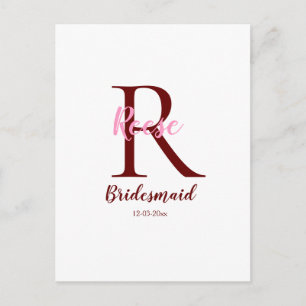personalised simple monogram name bridesmaid date postcard