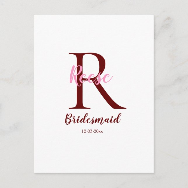 personalised simple monogram name bridesmaid date  postcard (Front)
