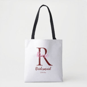 personalised simple monogram name bridesmaid date tote bag